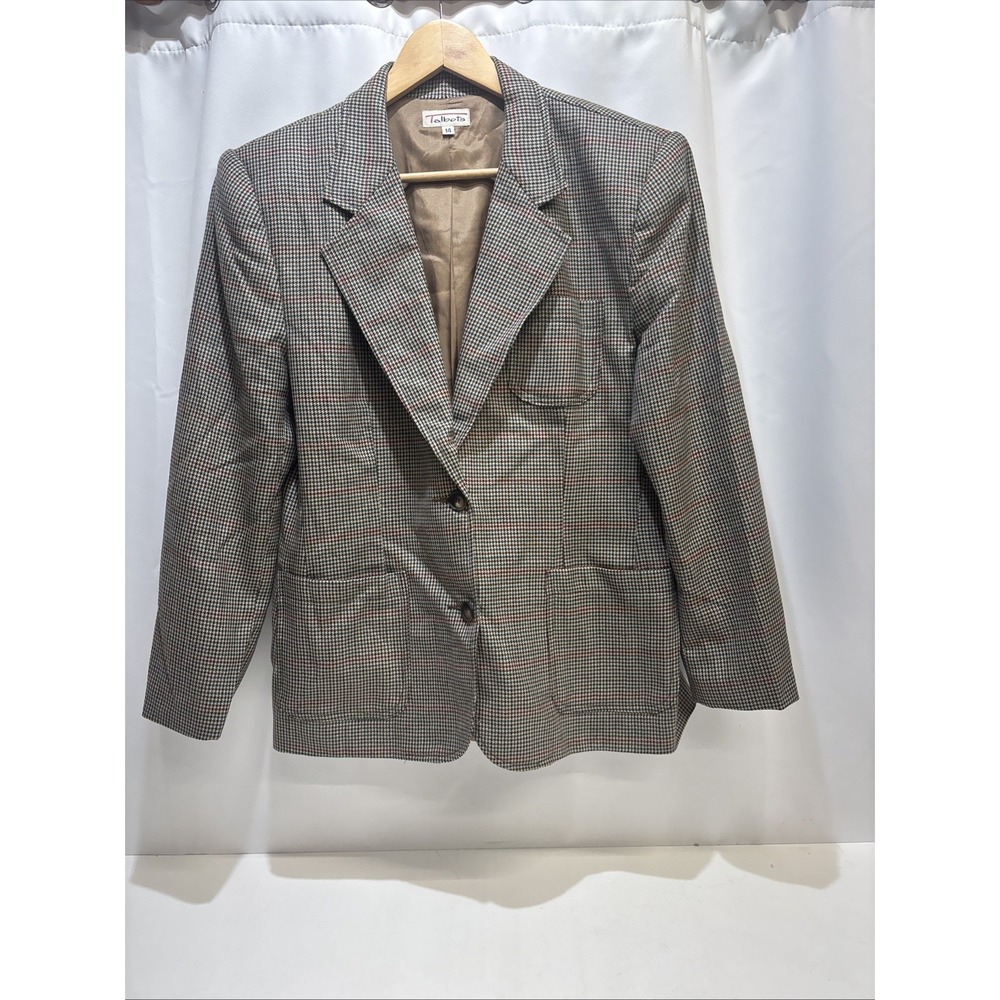 VTG Talbots 14 100% Wool Plaid Tweed Blazer USA Made Brown Jacket Houndstooth
